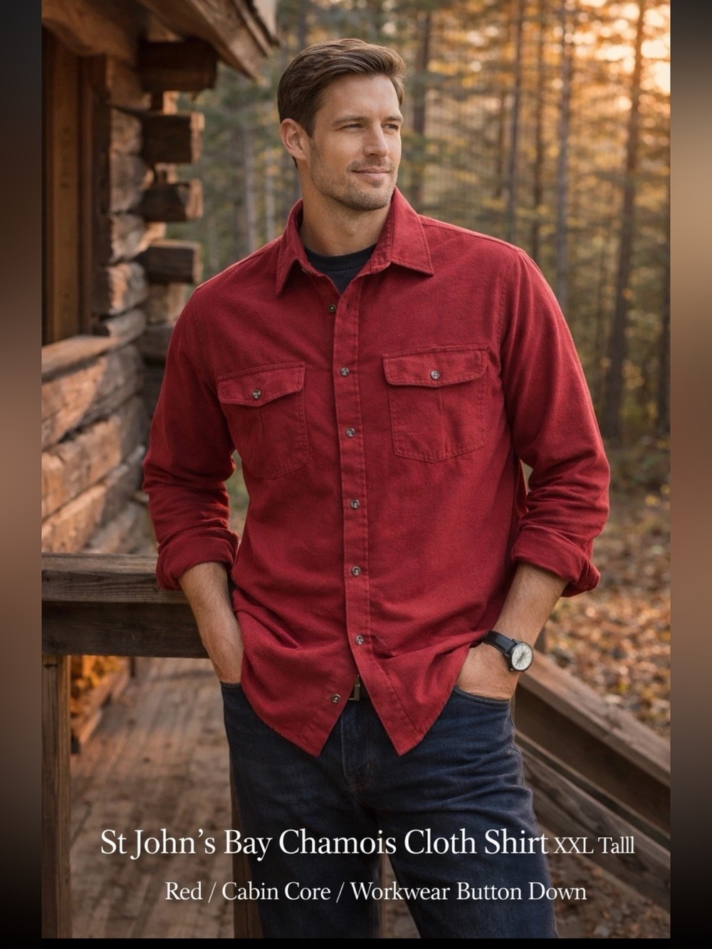 90s  ST JOHNS BAY Shirt Chamois Cloth Red Flannel Large Long Sleeve Pockets Soft